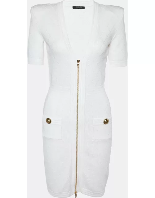 Balmain White Jacquard Knit Zip Front Short Dress