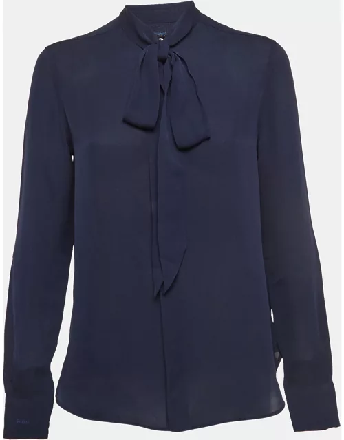 Polo Ralph Lauren Navy Blue Silk Tie-Up Neck Shirt