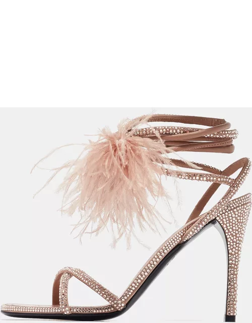 Valentino Beige Satin and Leather Crystal Embellished Ankle Strap Sandal