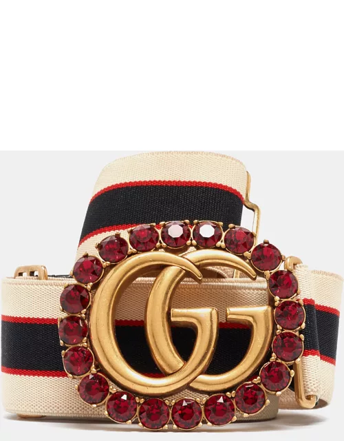 Gucci Off White/Red Stripe Elastic Double G Crystals Belt 85C