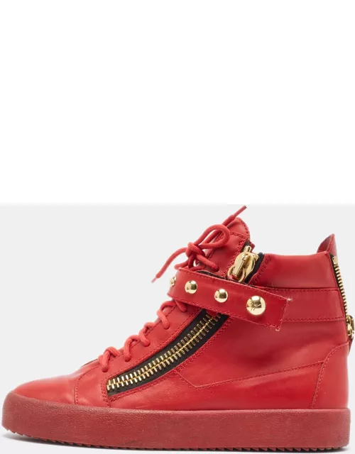 Giuseppe Zanotti Red Leather Studded Double Zip High Top Sneaker