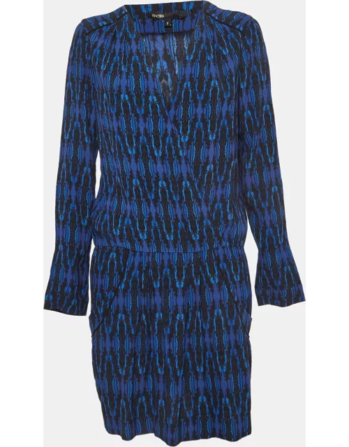 Maje Blue Printed Crepe Long Sleeve Mini Dress