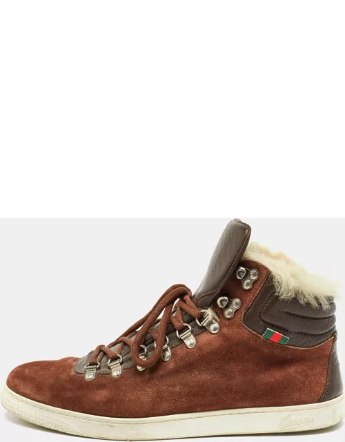 Gucci Brown Suede and Fur Trim High Top Sneaker