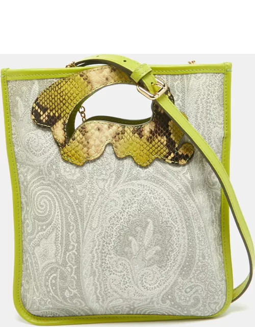 Etro Green Paisley Print Coated Canvas Python Embossed and Leather Slim Crossbody Bag
