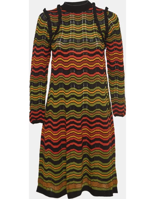 M Missoni Multicolor Chevron Perforated Knit Ruffle Detail Midi Dress