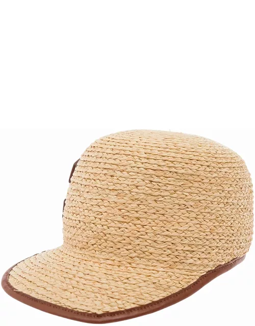 Casadei Beige Baseball Cap With Logo Detail In Leather And Rafia Woman