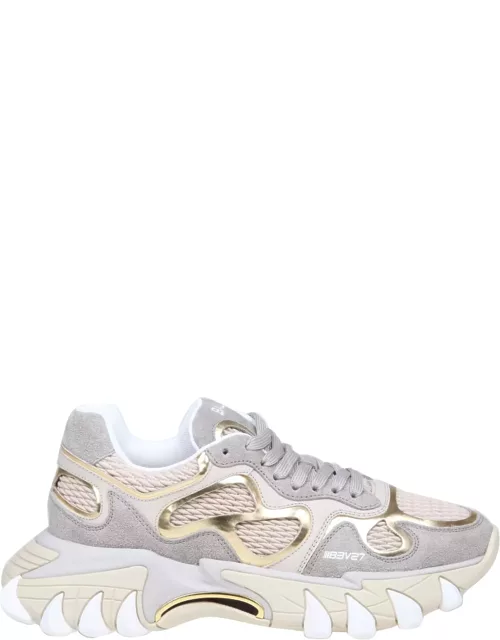 Balmain B-east Sneakers In Gray And Gold Suede And Leather