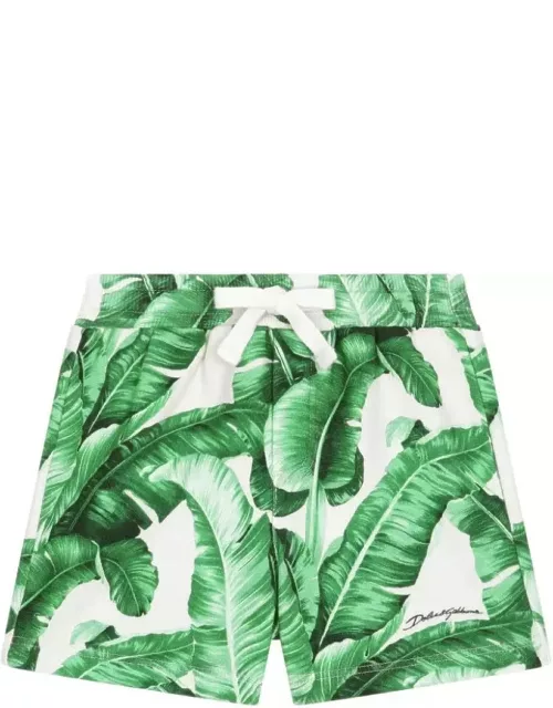 Dolce & Gabbana White Jogging Shorts With Green Banano Print