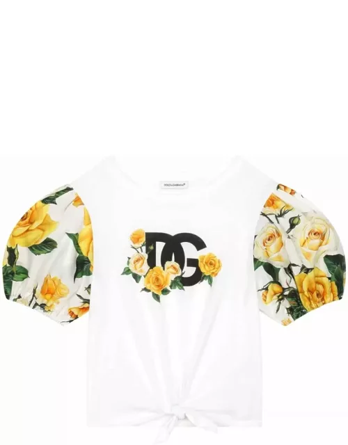 Dolce & Gabbana Jersey And Poplin T-shirt With Dg Logo And Yellow Rose Print