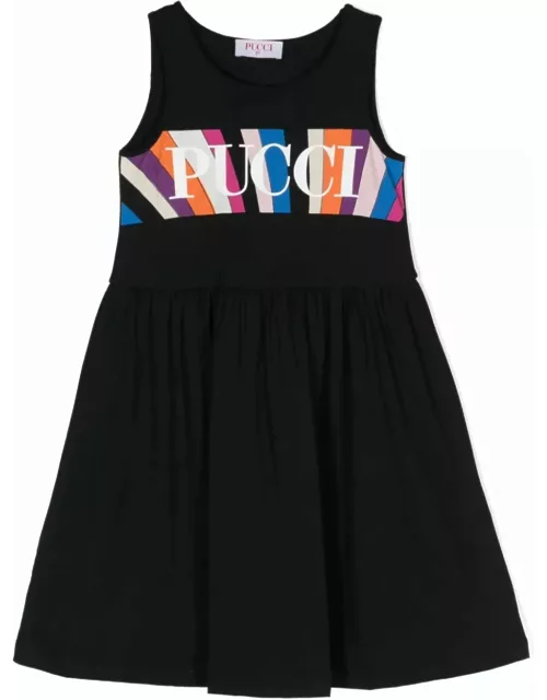 Pucci Black Flared Dress With Iride And Logo Print Band