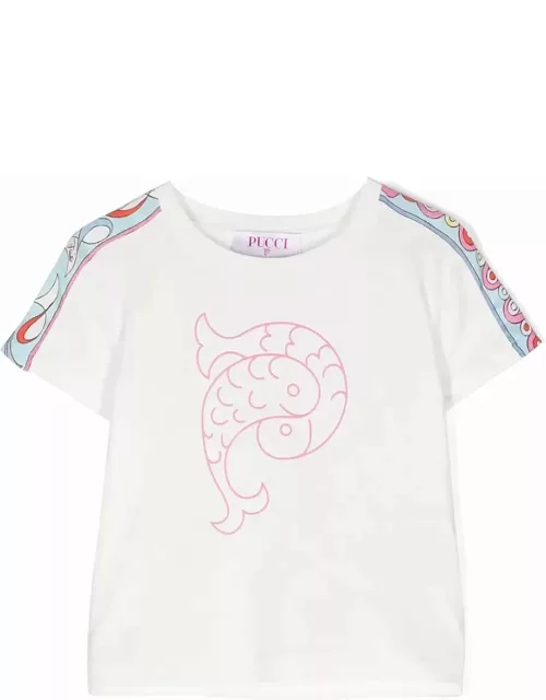 White T-shirt With Pucci P Print And Printed Ribbon