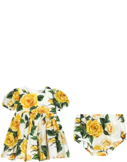 Dolce & Gabbana Yellow Rose Print Poplin Short-sleeved Dres