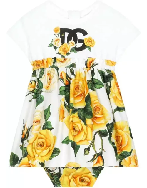 Dolce & Gabbana Jersey And Poplin Dress With Dg Logo And Yellow Rose Print