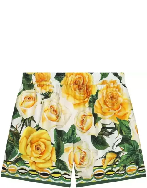 Dolce & Gabbana Twill Shorts With Yellow Rose Print