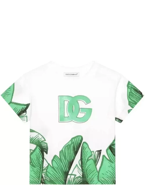 Dolce & Gabbana White T-shirt With Logo And Green Banano Print