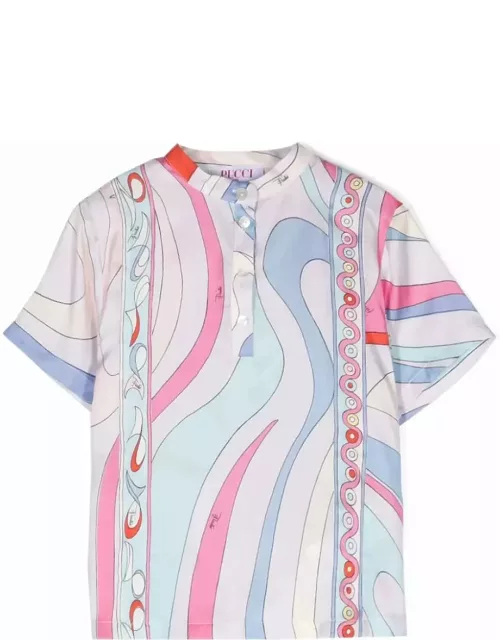 Pucci Short-sleeved Shirt With Light Blue/multicolour Iride Print