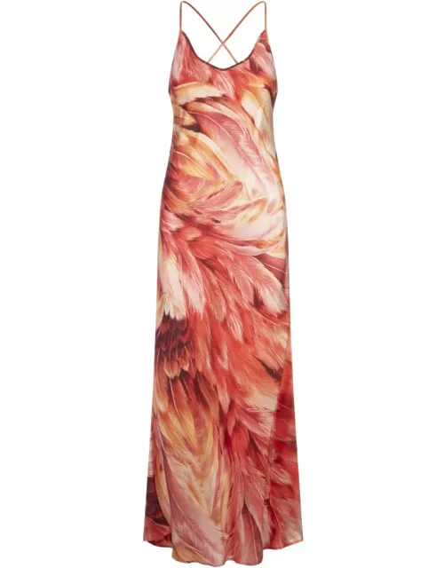 Roberto Cavalli Long Dress With Straps And Plumage Print In Orange