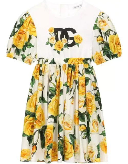 Dolce & Gabbana Jersey And Poplin Dress With Dg Logo And Yellow Rose Print