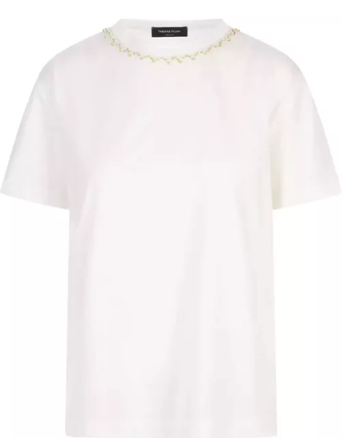Fabiana Filippi White T-shirt With Beaded Crew Neck