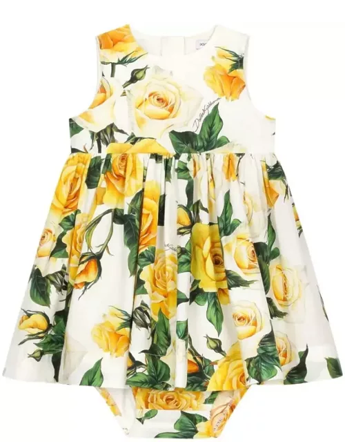 Dolce & Gabbana Yellow Rose Print Poplin Dress With Culotte
