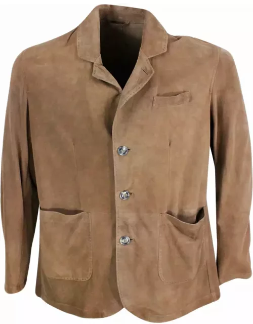 Barba Napoli Jacket In Soft And Fine Single-breasted Suede With 3-button Placket And Patch Pocket