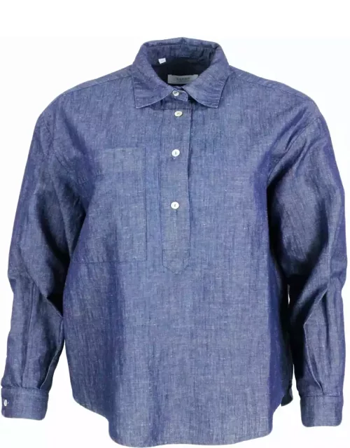 Barba Napoli Lightweight Denim-effect Pull-on Shirt In Linen Cotton With Four Buttons And Chest Pocket
