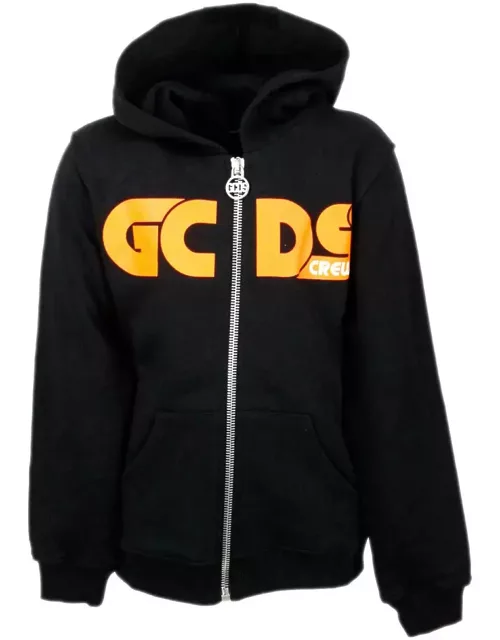 GCDS Hooded Sweatshirt With Zip And Fluo Writing