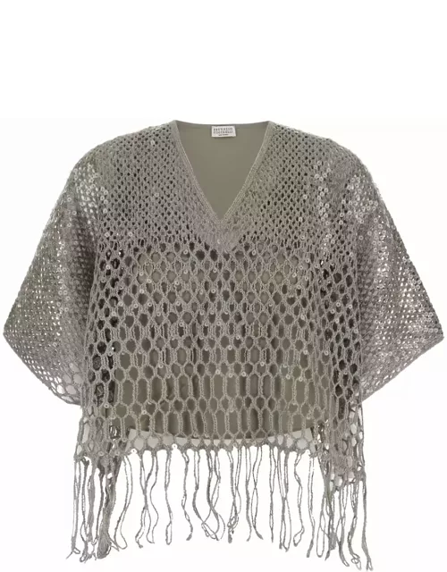 Brunello Cucinelli Grey Cardigan With Chain In Cotton Woman
