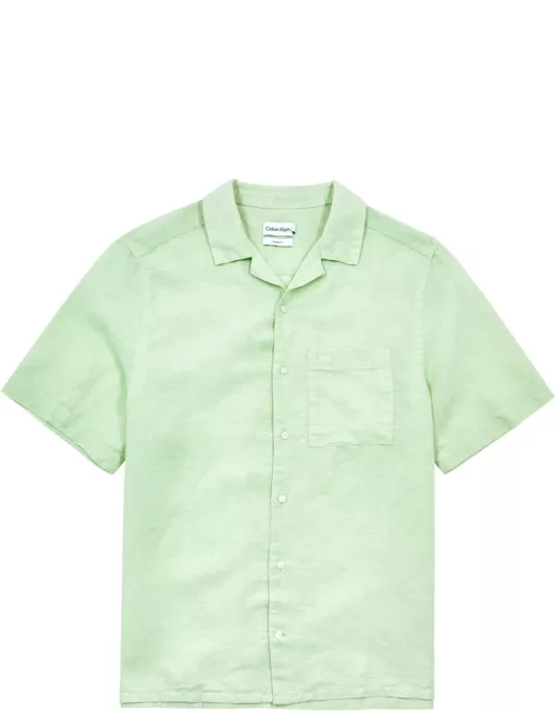 Calvin Klein Logo-embroidered Linen-blend Shirt - Light Green