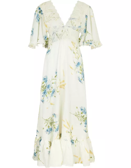 Bytimo Floral-print Linen-blend Maxi Dress - White And Blue - M (UK12 / M)