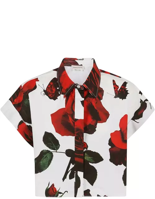 Alexander McQueen Rose-printed Short Sleeved Cropped Shirt