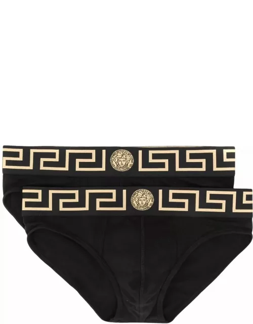 Versace Mens Set Of Two Black Cotton Briefs With Greek Detai