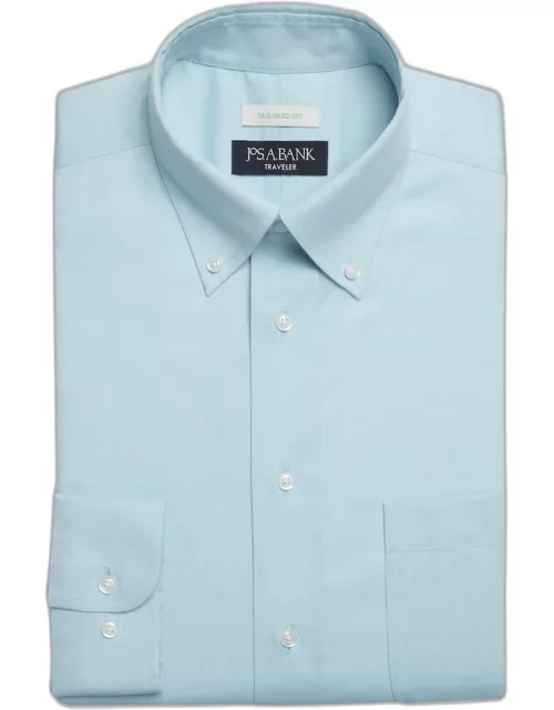 JoS. A. Bank Men's Traveler Collection Tailored Fit Button Down Collar Dress Shirt, Aqua, 15 1/2 34