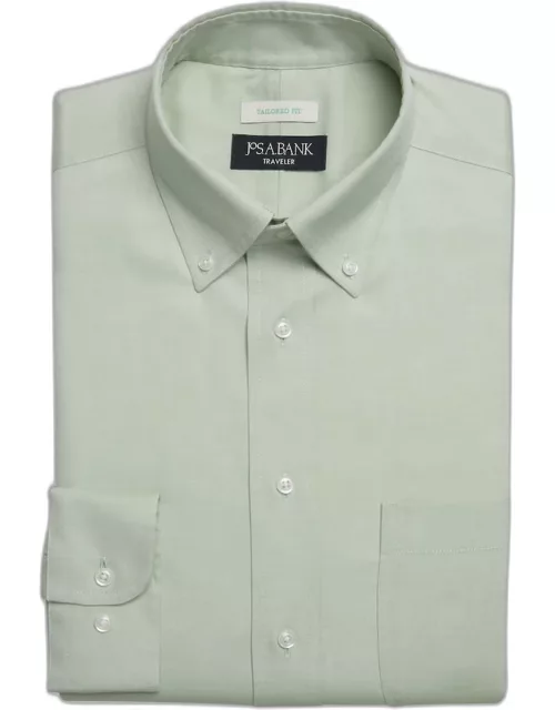 JoS. A. Bank Men's Traveler Collection Tailored Fit Button Down Collar Dress Shirt, Light Green, 16 32