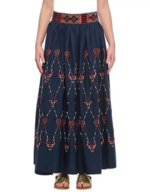 Emporio Sirenuse Ombretta Bulls Embroidered Long Skirt Blue