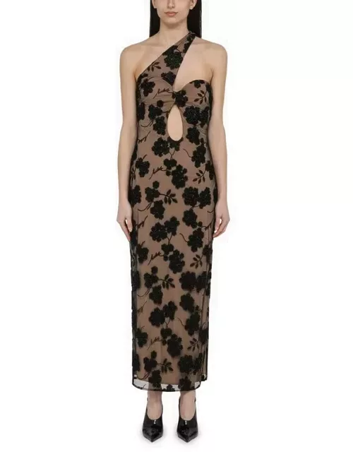 Midi dress with flowers and beads beige/black