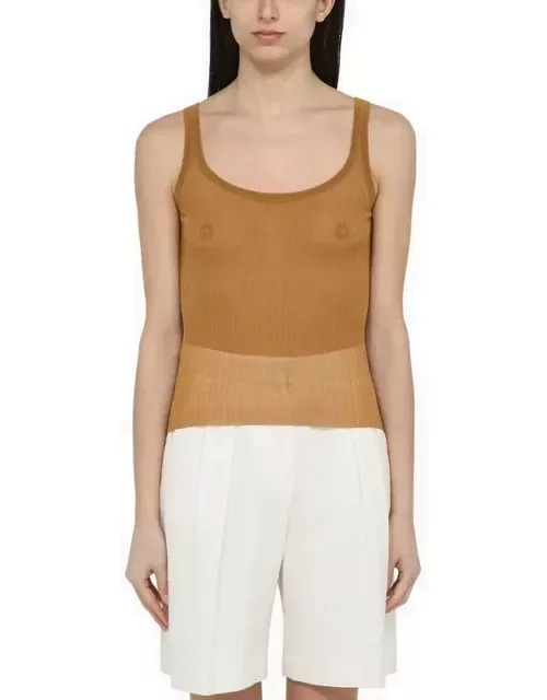 Leather-coloured ribbed silk tank top