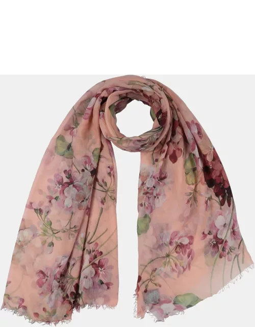 Gucci Coral Pink Floral Print Cashmere & Wool Scarf