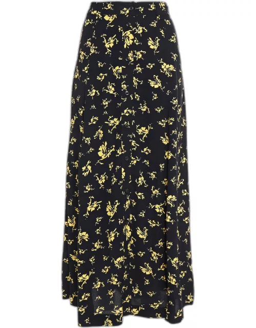 Ganni Black Floral Print Viscose Midi Skirt S (EU 36)