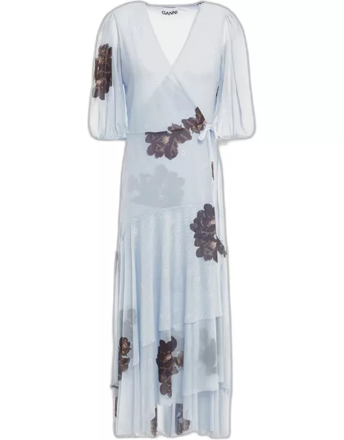 Ganni Blue Floral Print Mesh Midi Dress M (EU 38)