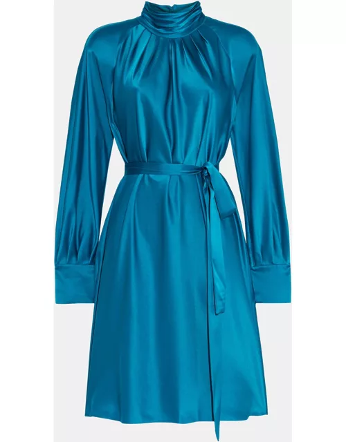Diane Von Furstenberg Blue Satin Veda Belted Dress