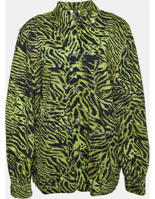 Ganni Green Tiger Print Denim Buttoned Shirt Jacket