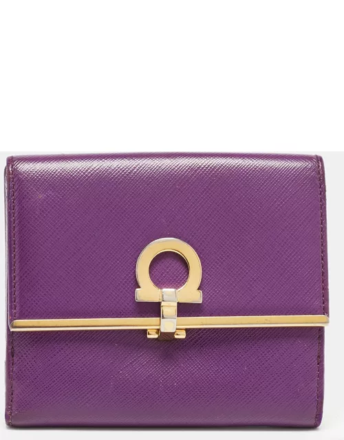Salvatore Ferragamo Purple Leather Gancini Clip Tri Fold Wallet