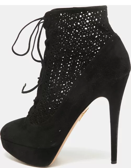 Charlotte Olympia Black Suede Lasercut Accents Ankle Boot