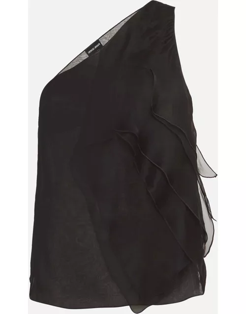 Giorgio Armani Black Silk Organza Pleated One Shoulder Top