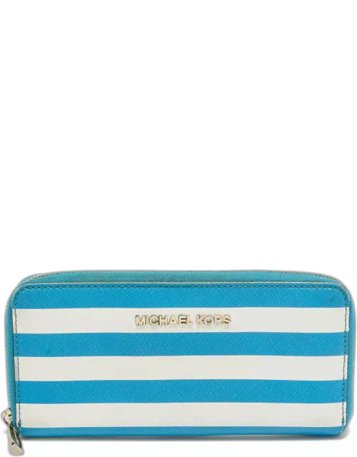 Michael Kors Blue/White Stripe Leather Zip Around Continental Wallet