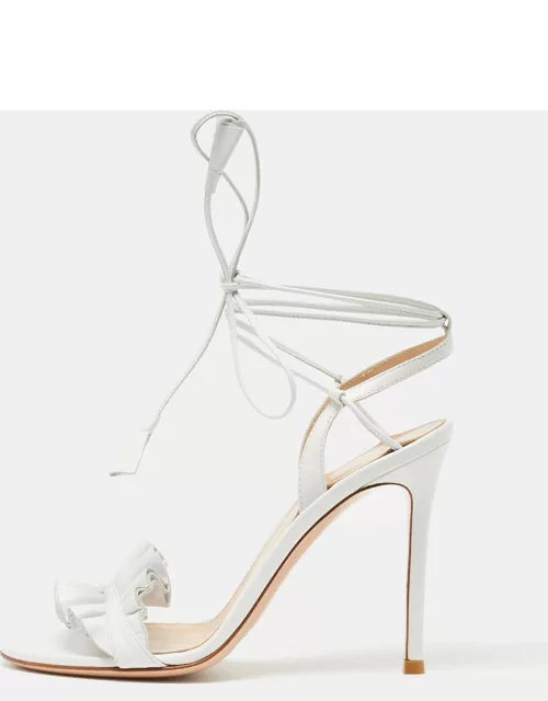 Gianvito Rossi White Ruffled Leather Ankle Wrap Sandal