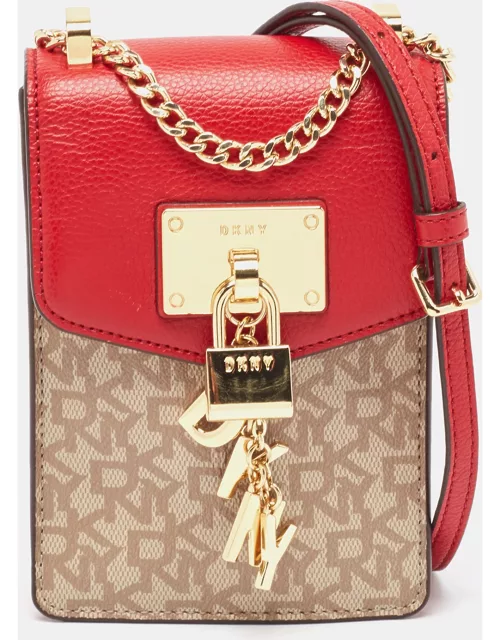 DKNY Red/Beige Monogram Coated Canvas and Leather Elissa North South Crossbody Bag