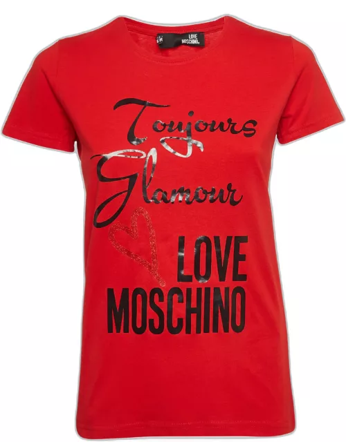 Love Moschino Red Printed Cotton Knit Crew Neck T-Shirt