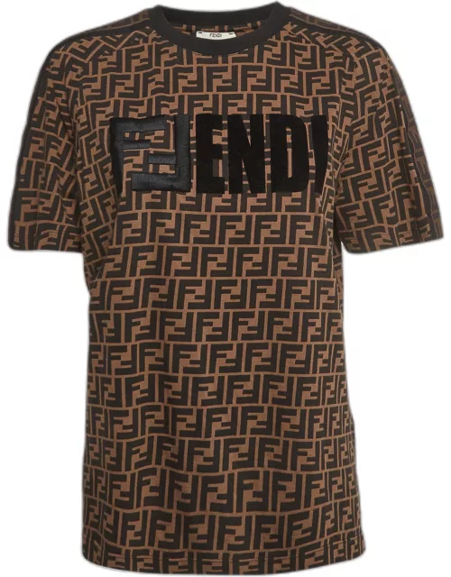 Fendi Brown Logo Printed Cotton Embroidered Crewneck T-Shirt